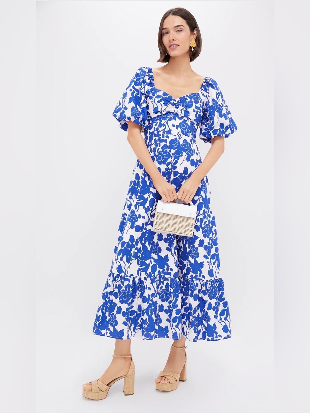 Blue Floral Puff-Sleeve Maxi Dress with Sweetheart Neckline - Picture 2 of 7